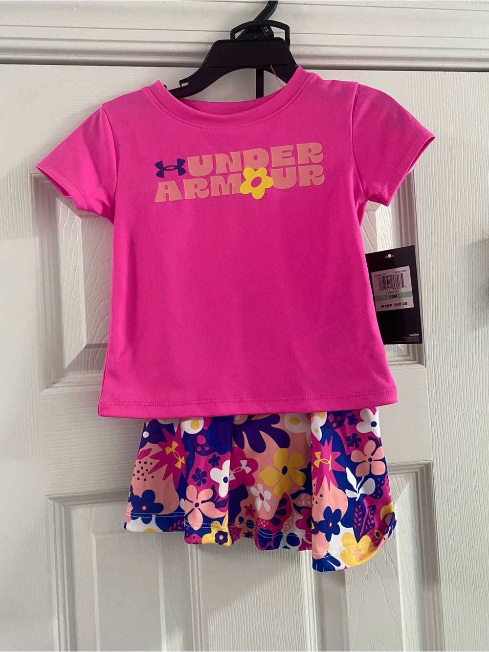 Under Armour Bright Pink Tee with Floral Skort size 18 Months